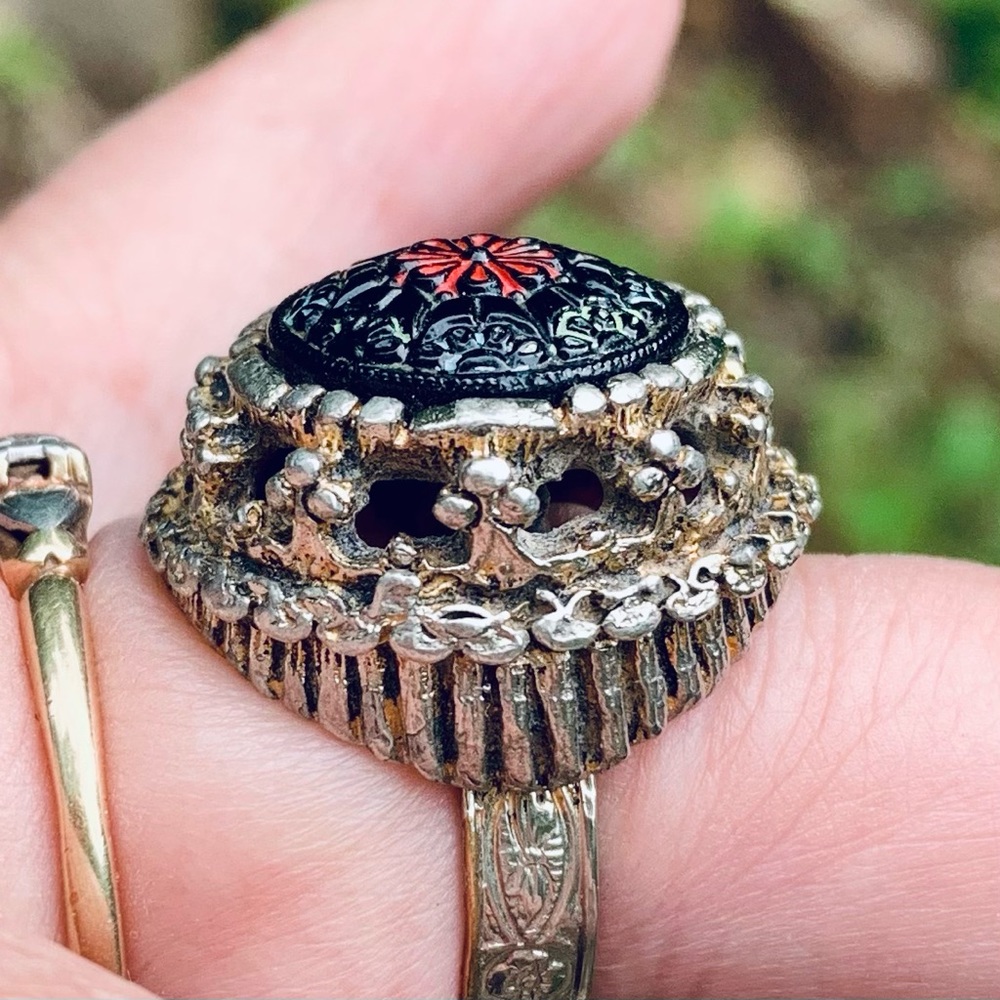 Cinnabar dome ring, carved, handcrafted vintage/antique